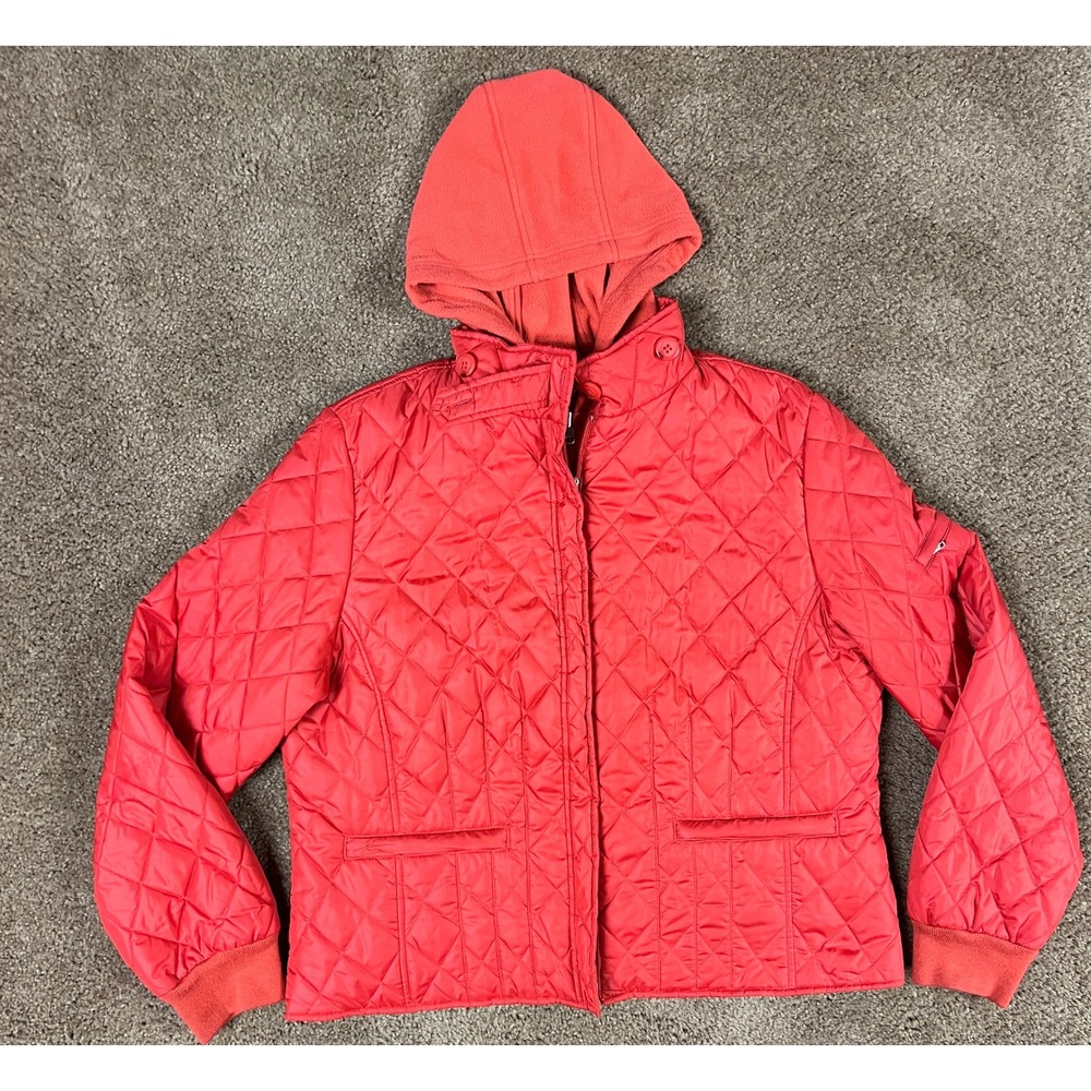 vtg 90s LL Bean Womens XL Hooded Quilted Jacket Coral Red Thermore Insulated